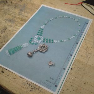 Emerald tassel Graff workshop-work in progress on an Emerald necklace