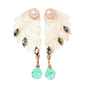 Earrings carved shell, pearls, aquamarines1600101601